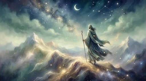A serene wanderer walking along a celestial luminous mountain ridge under twilight skies, in soft sage green, deep twilight blue, and golden dust.