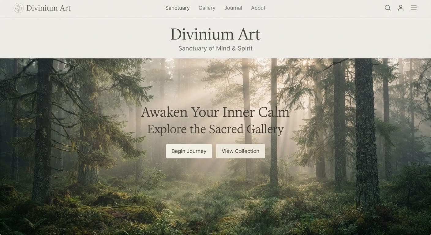 Morning mist rolling through ancient pine trees, with sunlight piercing the fog in moss green and soft cream.