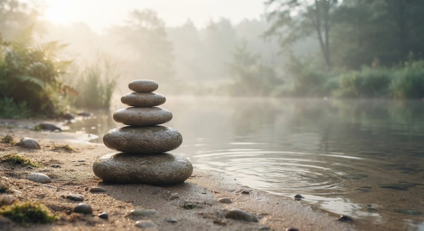 Smooth river stones stacked in balance beside still water, with morning sunlight filtering through mist.