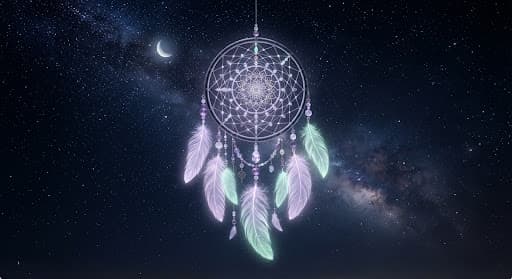 An intricate woven dreamcatcher floating in a starlit sky, its feathers glowing in pale lavender and mint.
