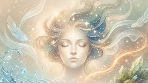 Surreal artwork of floating translucent water, air, fire, and earth around an ethereal celestial face, in champagne warmth and sage undertones.