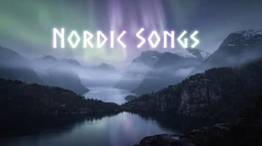 Norse runic symbols glowing over misty fjord mountains beneath a violet and sage aurora.