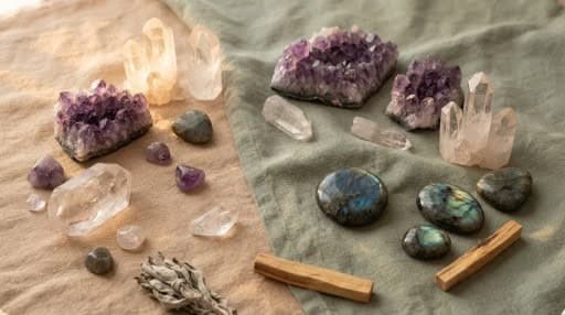 Raw amethyst, quartz, and labradorite stones glowing softly on tranquil linen, in a warm sand and sage green palette.
